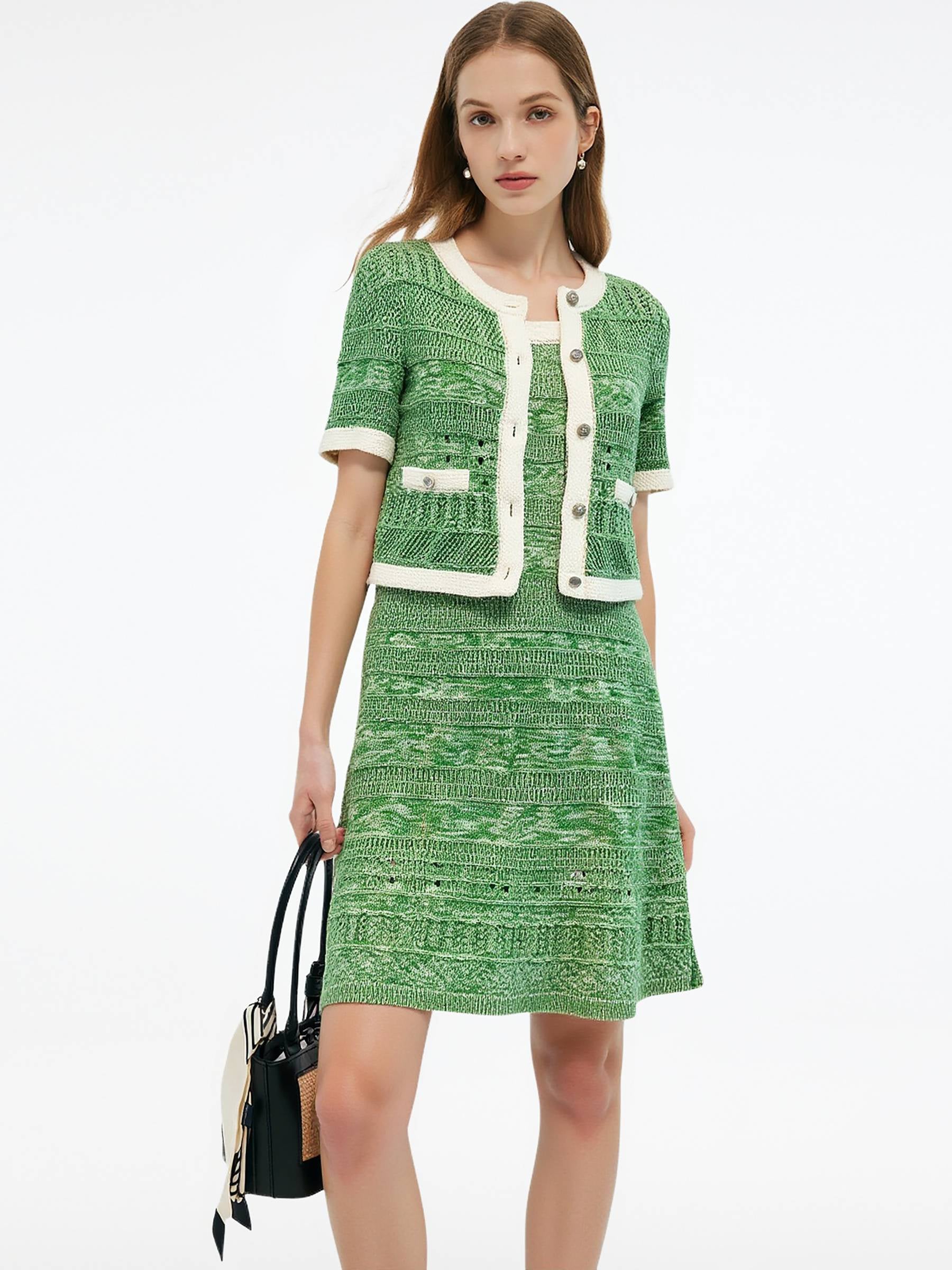100% Cotton Cardigan And Knit Vest Mini Dress Two-Piece Set GOELIA