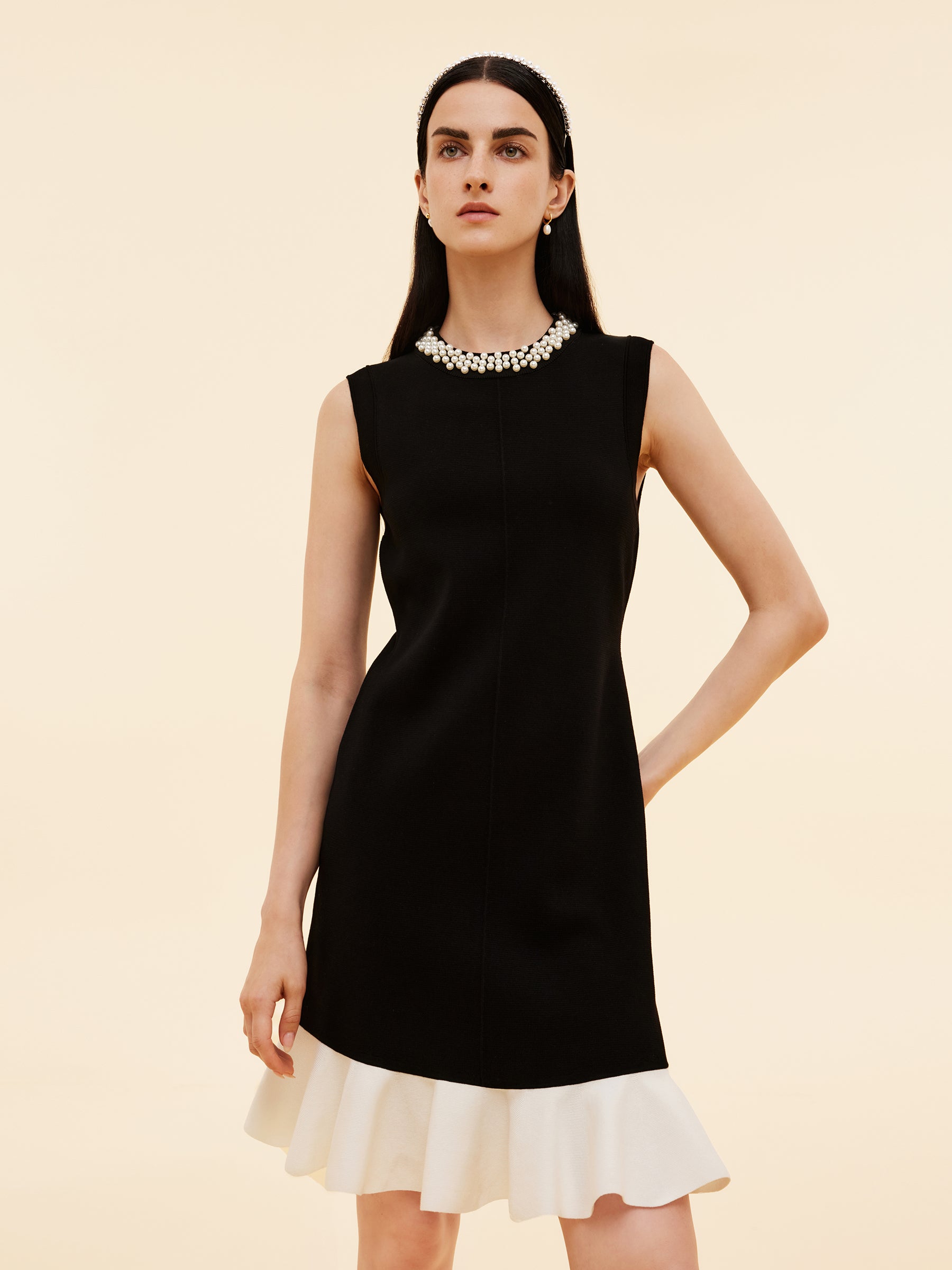 Tencel Blend Beaded Neck Women Sleeveless Knit Mini Dress GOELIA
