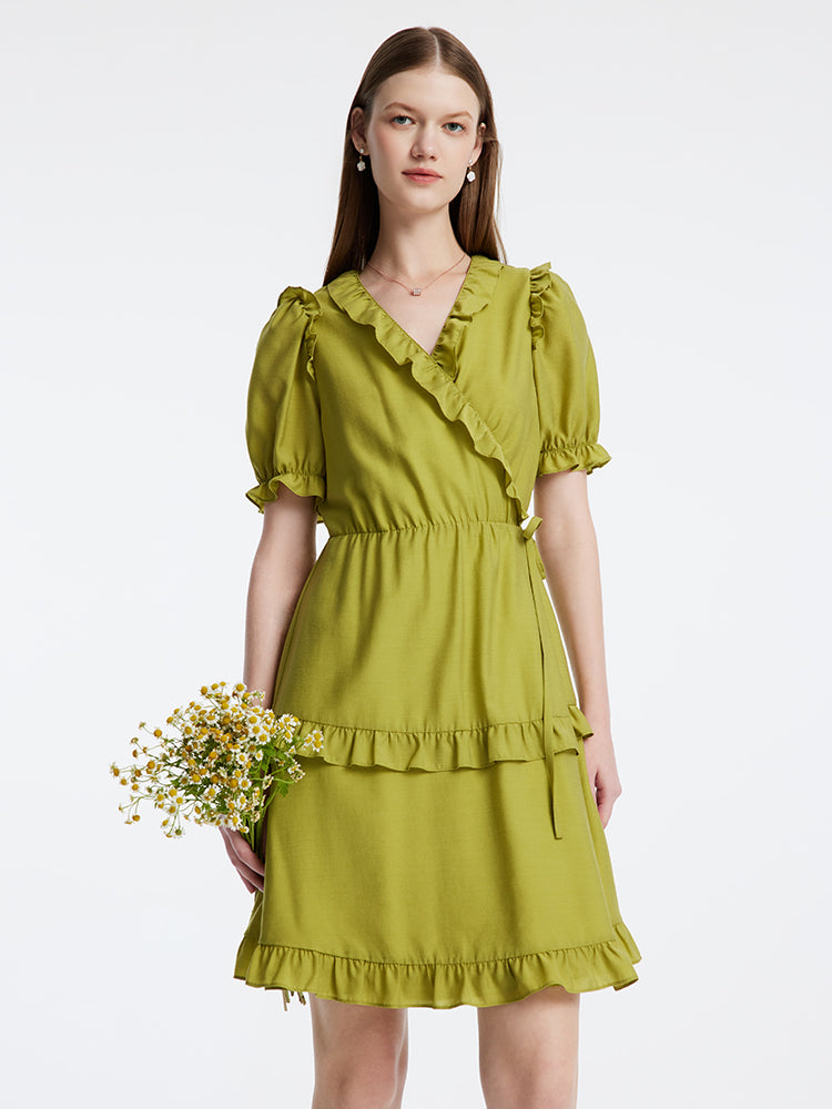 Green One piece Ruffle V Neck Mini Dress
