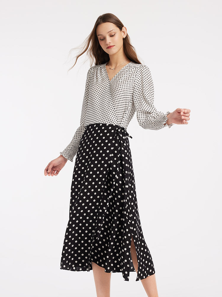 Black&White Polka Dots Slim Ankle-Length Wrap Dress GOELIA