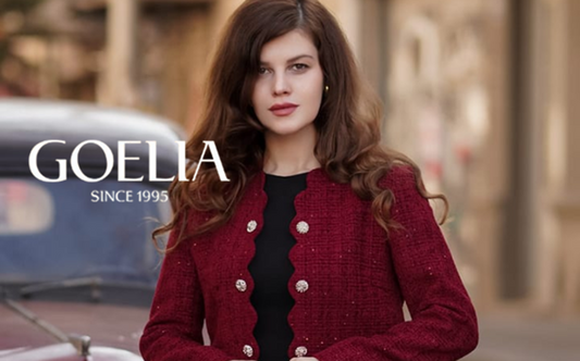 a lady in a red tweed sequins jacket and a skirt