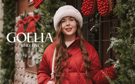 a lady in a red down jacket