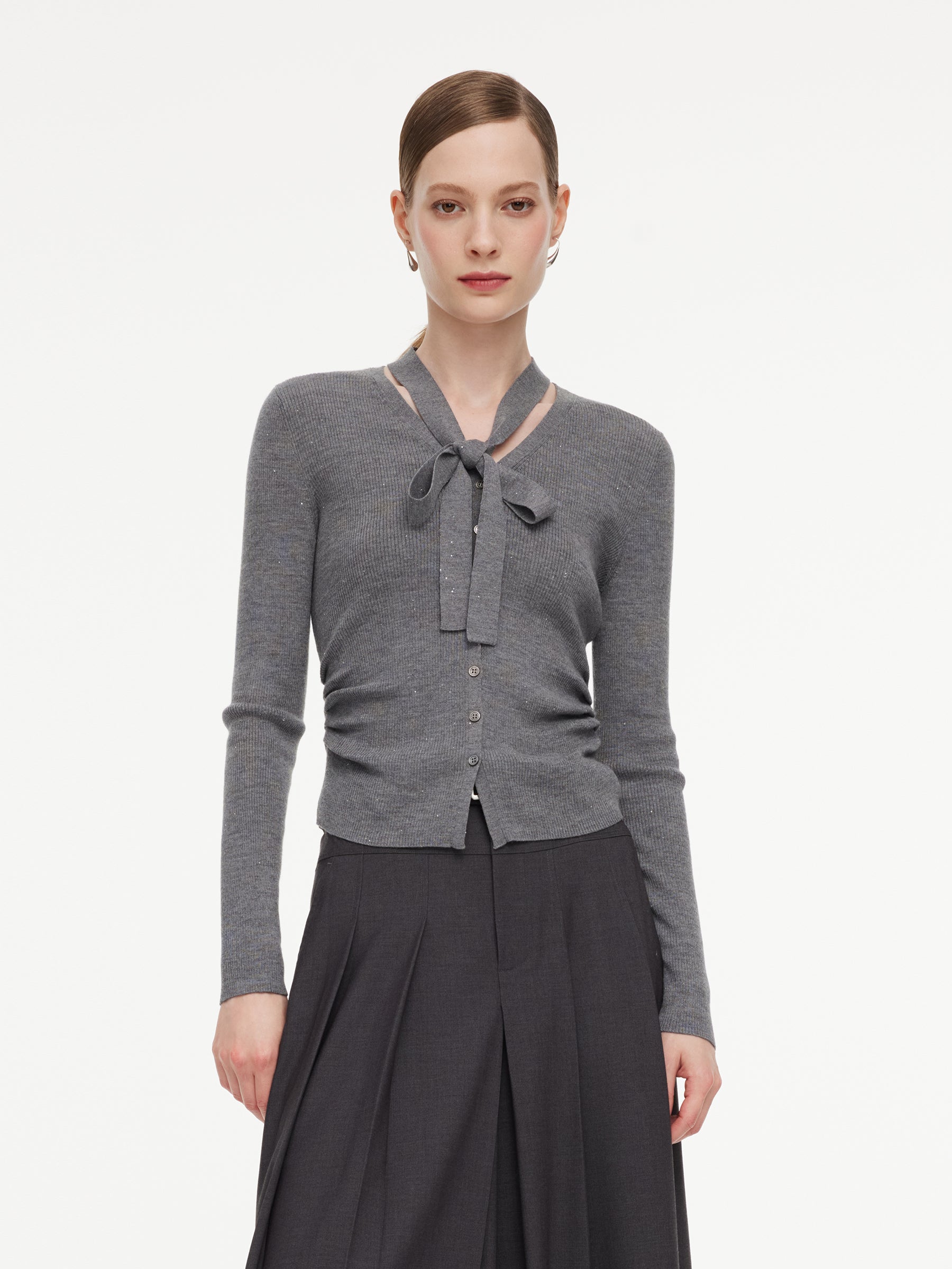 Wool Blend Ribbon V-Neck Women Cardigan GOELIA