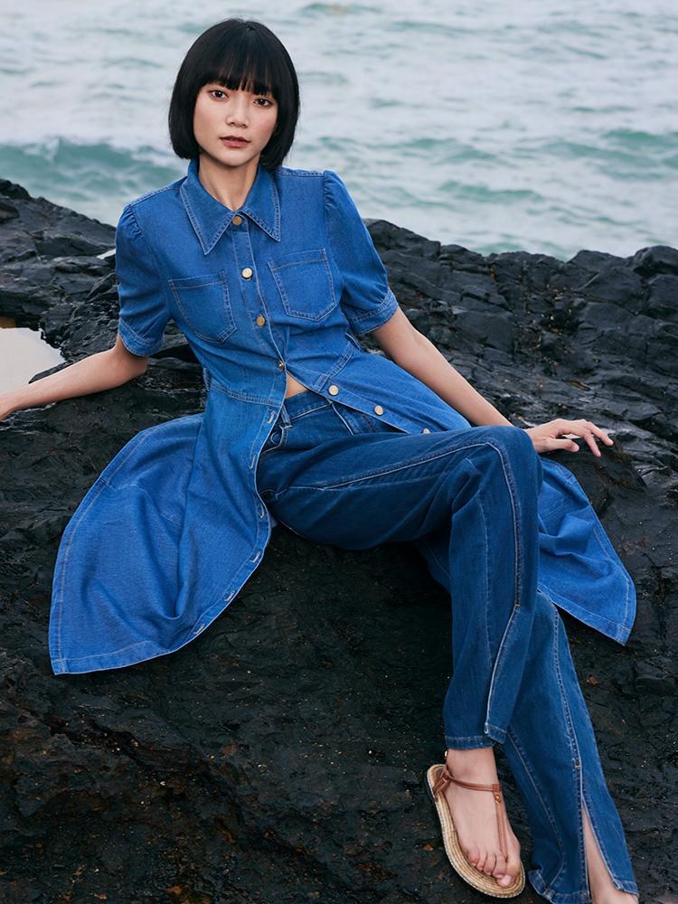 Tencel Denim Shirt Midi Collared Dress With Belt GOELIA Tencel Denim Shirt Midi Collared Dress With Belt GOELIA