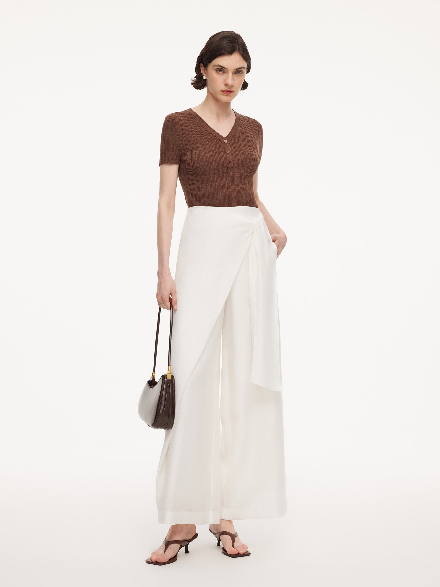 Lyocell Acetate Linen Blend Tie Front Women Pants GOELIA