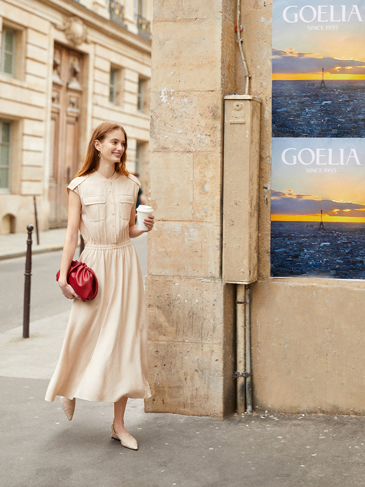 Acetate Gathered Waist Women Maxi Dress With Pockets GOELIA