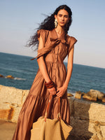 Tencel Blend Women Ruffle Cap Sleeve Maxi Dress With Sash GOELIA