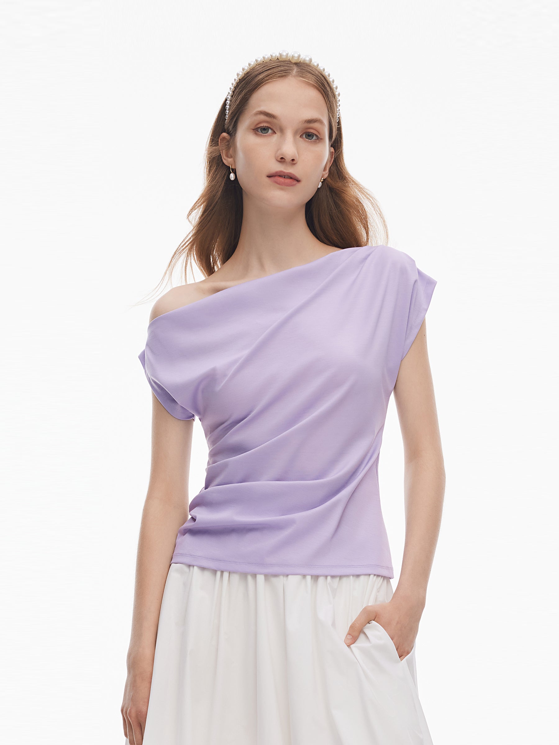 Tencel Blend Women Off Shoulder Women Ruched Top GOELIA