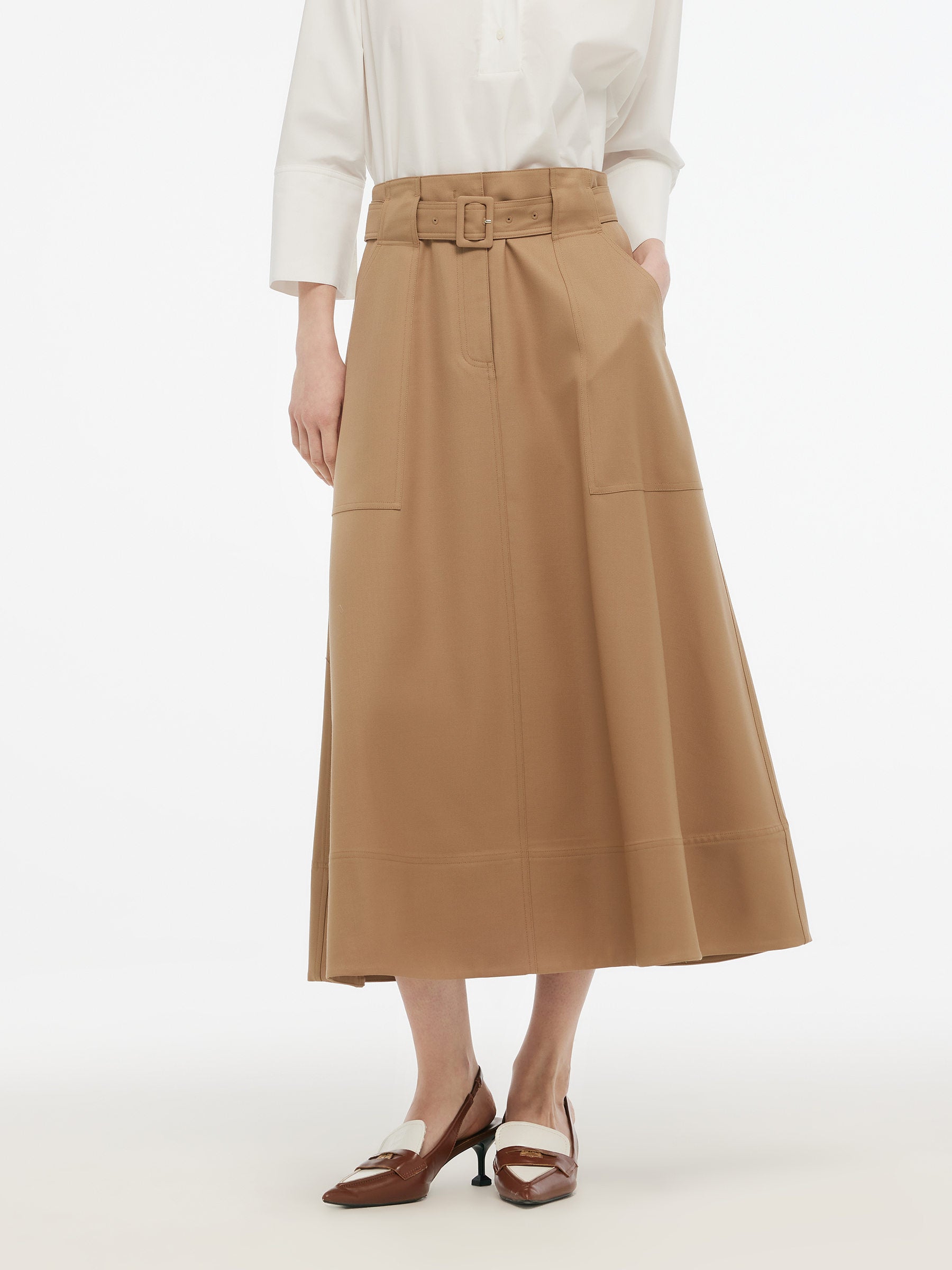 100% Worsted Wool Gathered Waist Women Flared Skirt With Belt GOELIA