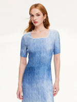 Blue And White Gradient Women Pleated Maxi Dress GOELIA