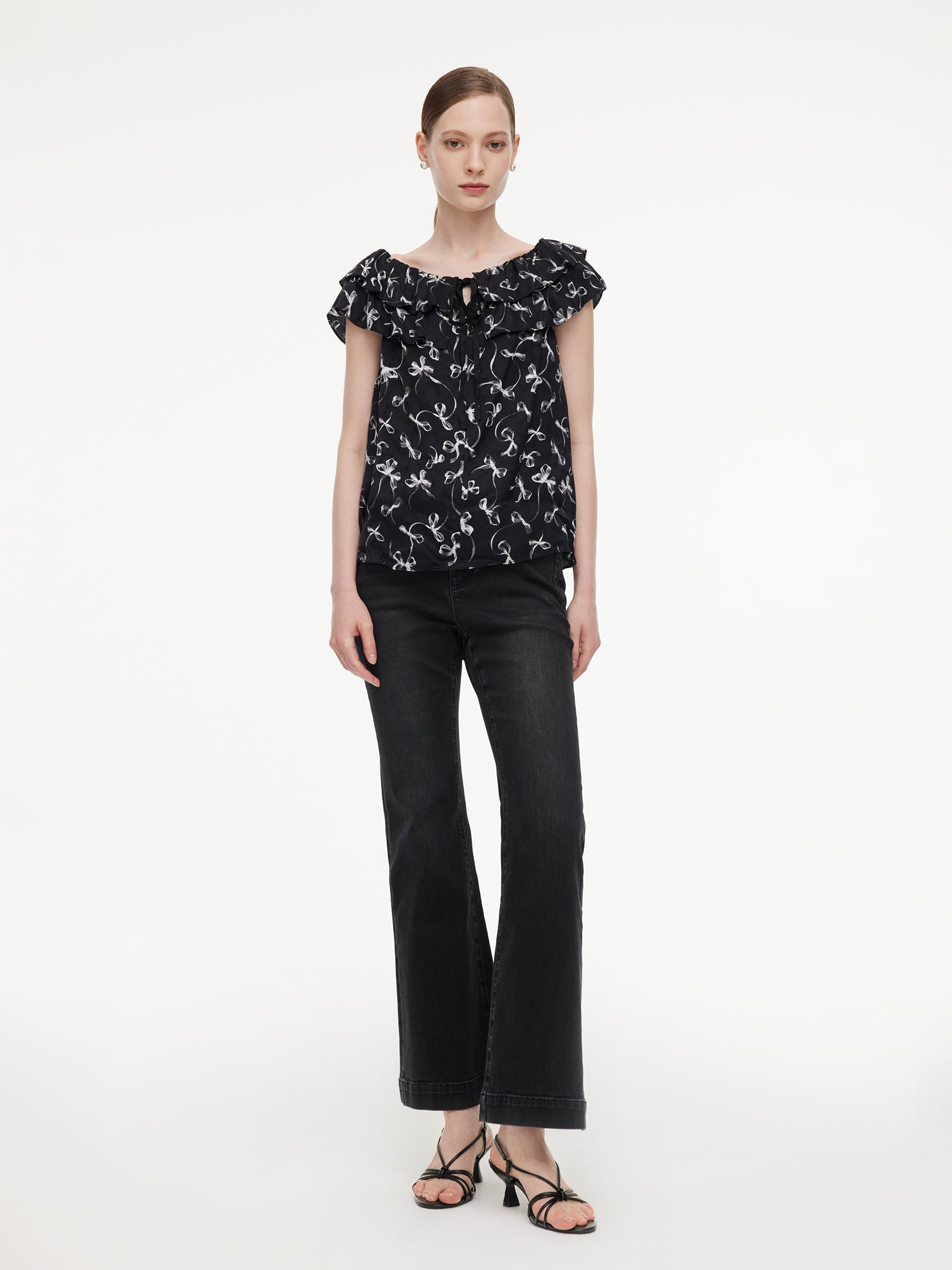 [Preview] Ribbon Print Tie Front Women Ruffle Blouse GOELIA