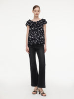 [Preview] Ribbon Print Tie Front Women Ruffle Blouse GOELIA