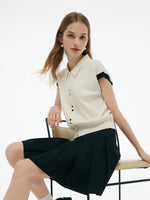 Tencel Blend Color Block Women Polo Short Sleeve Cardigan GOELIA