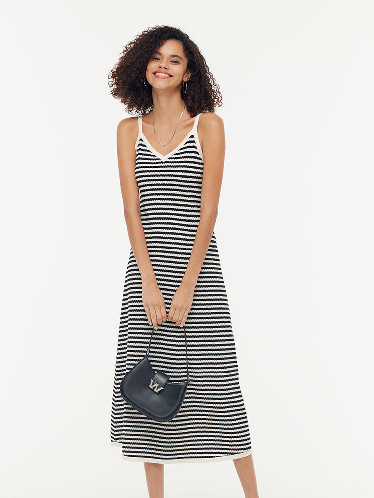 Tencel Beige And Black Stripe Women Knit Strap Maxi Dress GOELIA