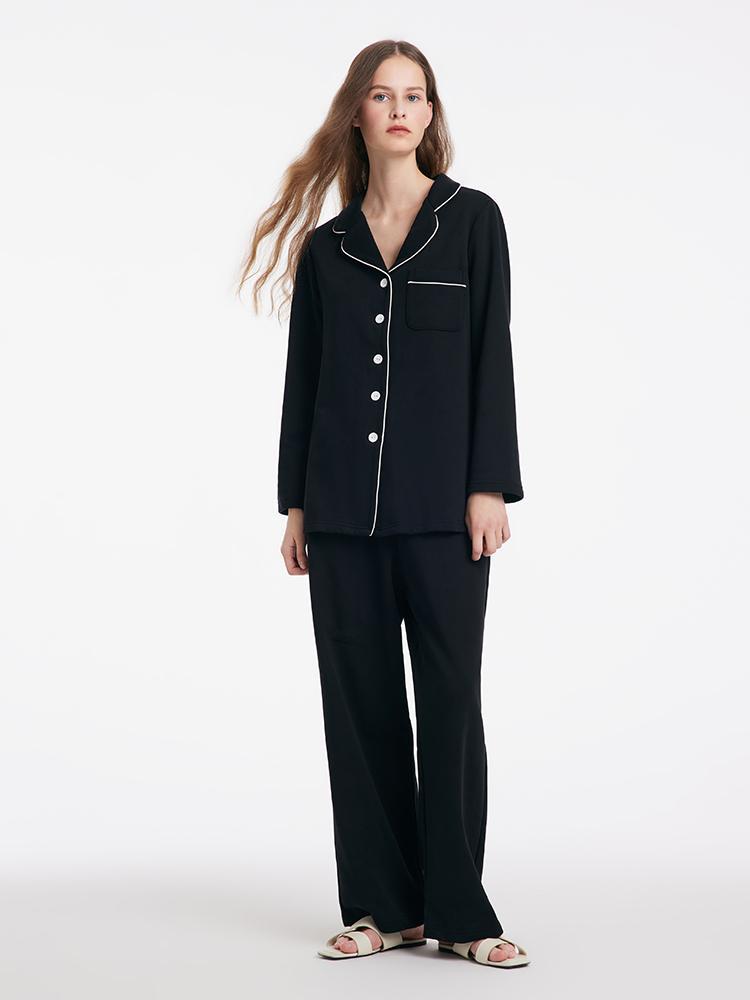 Black Long Sleeves And Pants Lapel Pajamas Two-Piece Set GOELIA