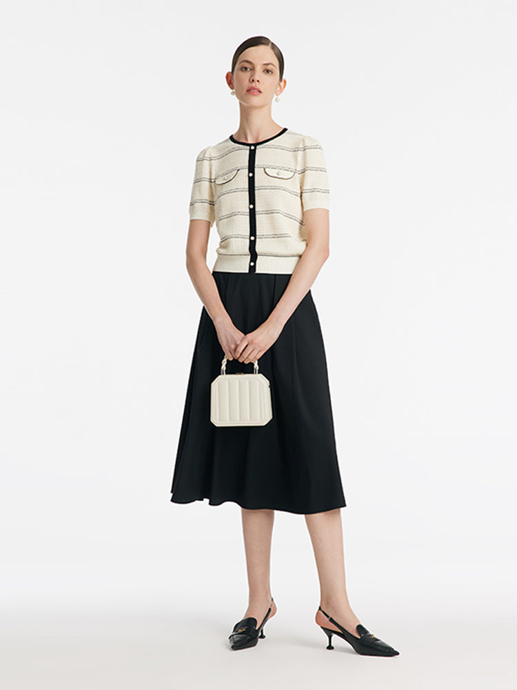 Contrast Trim Striped Knit Top And Half Skirt Two-Piece Set GOELIA