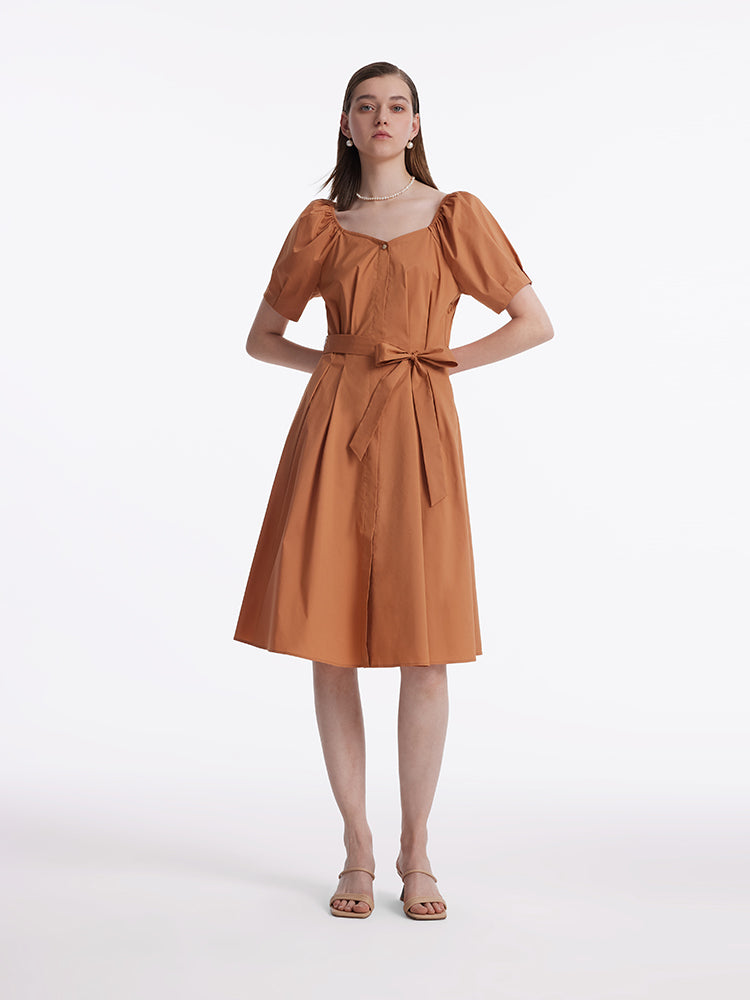 Puff Sleeves Square Neck Women Midi Dress With Belt GOELIA