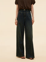 Denim Adjustable Waist Straight Wide Leg Women Jeans GOELIA