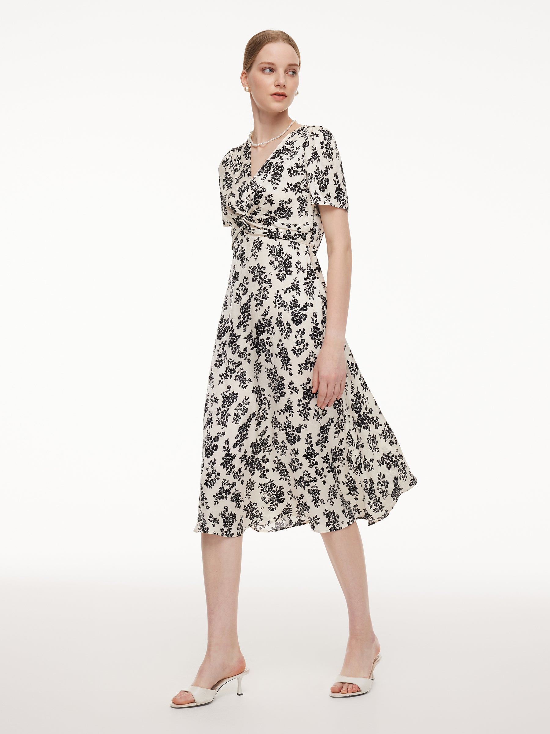 Jacquard Floral Print Twist Front Women V-Neck Midi Dress GOELIA