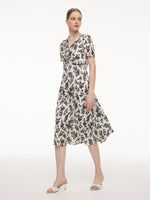 Jacquard Floral Print Twist Front Women V-Neck Midi Dress GOELIA