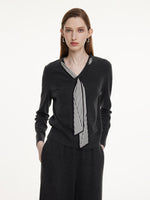 V-Neck Knit Top And Pants Two-Piece Set With Silk Scarf GOELIA