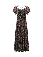 16 Momme Mulberry Silk Rose Printed Off Shoulder Women Maxi Dress GOELIA