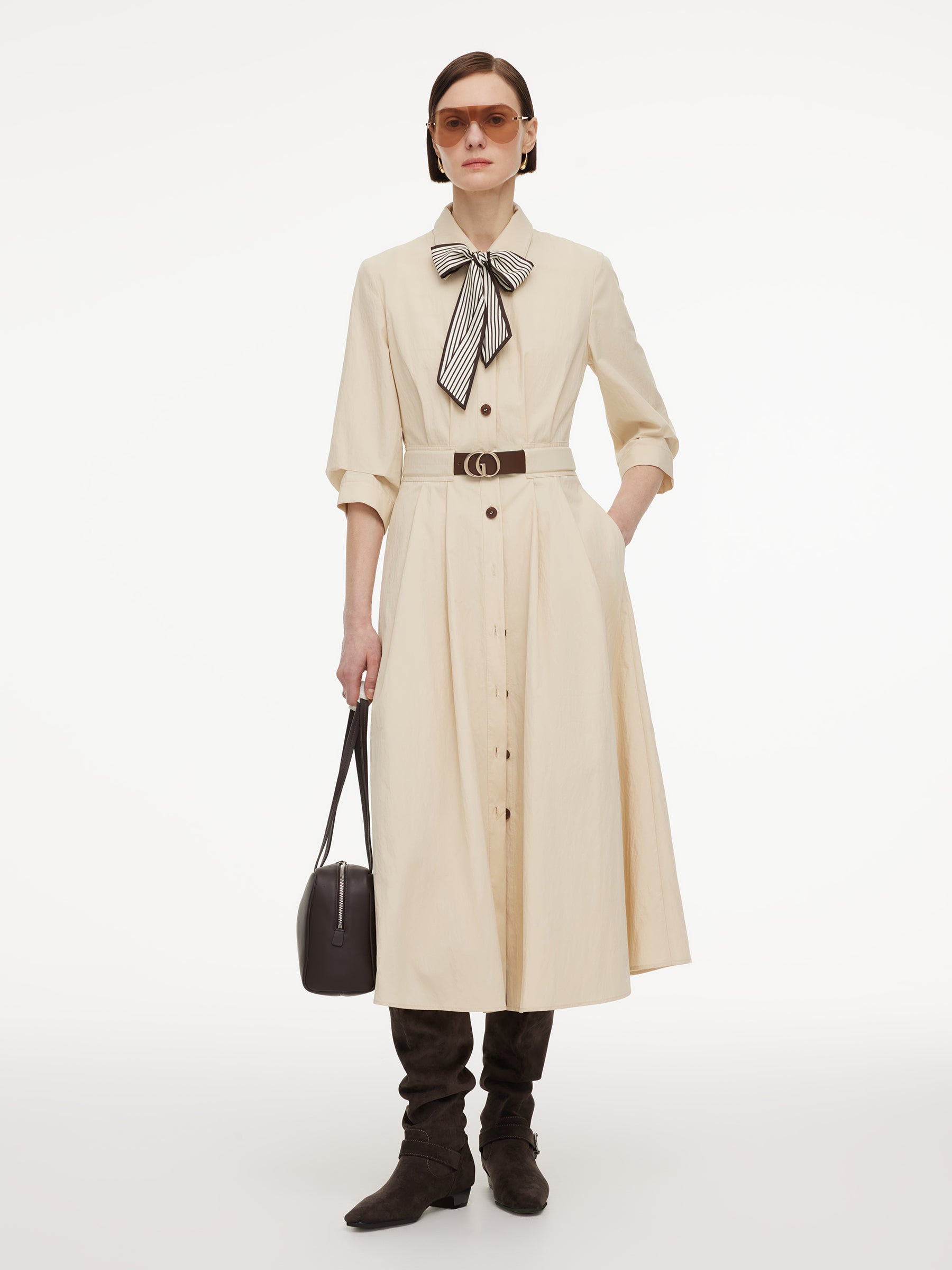 Cotton Blend 3/4 Ruched Sleeve Women Belted Maxi Shirt Dress With Silk – GOELIA