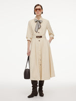 Cotton Blend 3/4 Ruched Sleeve Women Belted Maxi Shirt Dress With Silk Scarf GOELIA