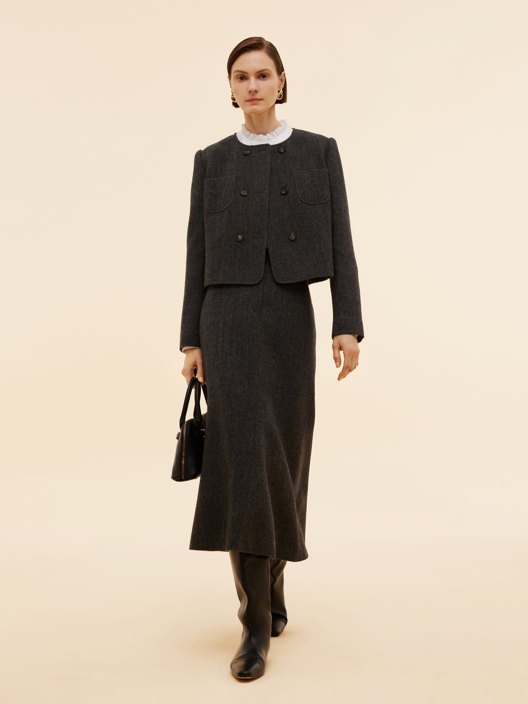 100% Washable Wool Double Breasted Women Crop Jacket GOELIA