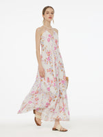 100% Linen Rose Print Women Halterneck Slip Maxi Dress GOELIA