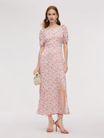 Floral Print Side Slit Women Ruched Sleeve Maxi Dress GOELIA