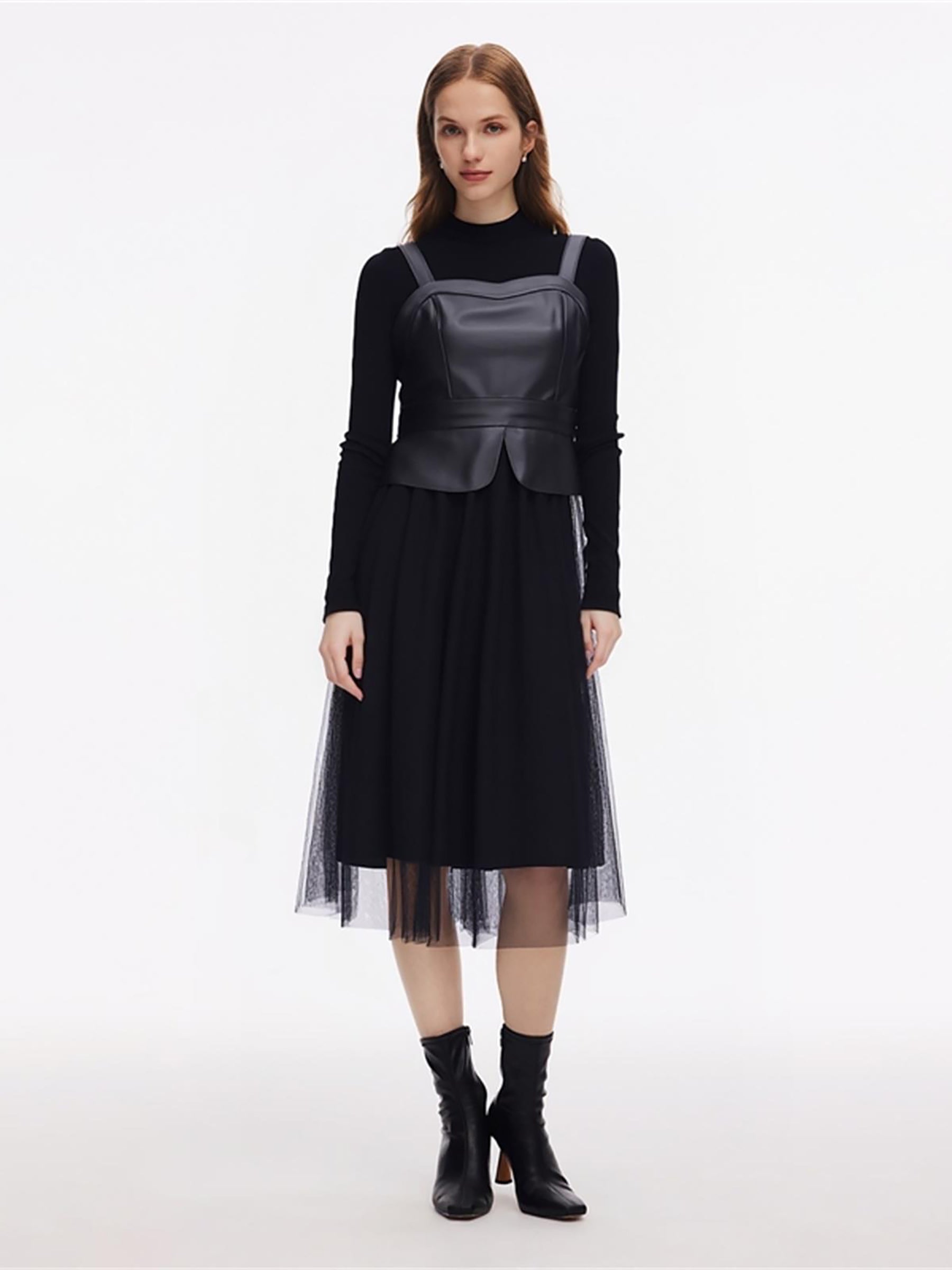 [Preview] PU Leather Bustier Top And Knit Top And Mesh Skirt Three-Piece Set GOELIA