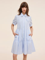 100% Cotton Women Puff Sleeve Mini Dress With Ribbon GOELIA