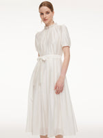 Tencel Blend Ruffle Neck Puff Sleeves Women Belted Maxi Dress GOELIA
