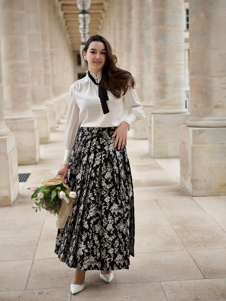 Girstunm Women's Pleated Vintage Floral Print Midi Skirt - A-Line With Pockets, Black White Dot, X-Small - View #7