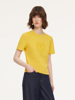 Cotton Blend Round Neck Tape Embroidered Women T-Shirt GOELIA