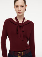 Tencel Wool Blend Cowl Neck Women Knit Top With Ribbon GOELIA