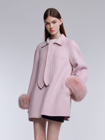 [Preview] Tencel Wool Tie-Neck Women Coat With Detachable Fur Cuffs GOELIA