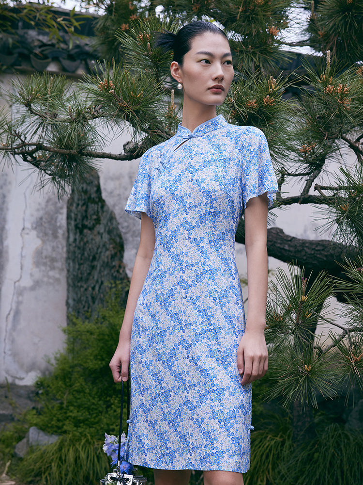 Blue Floral Cheongsam Qipao Mini Dress GOELIA
