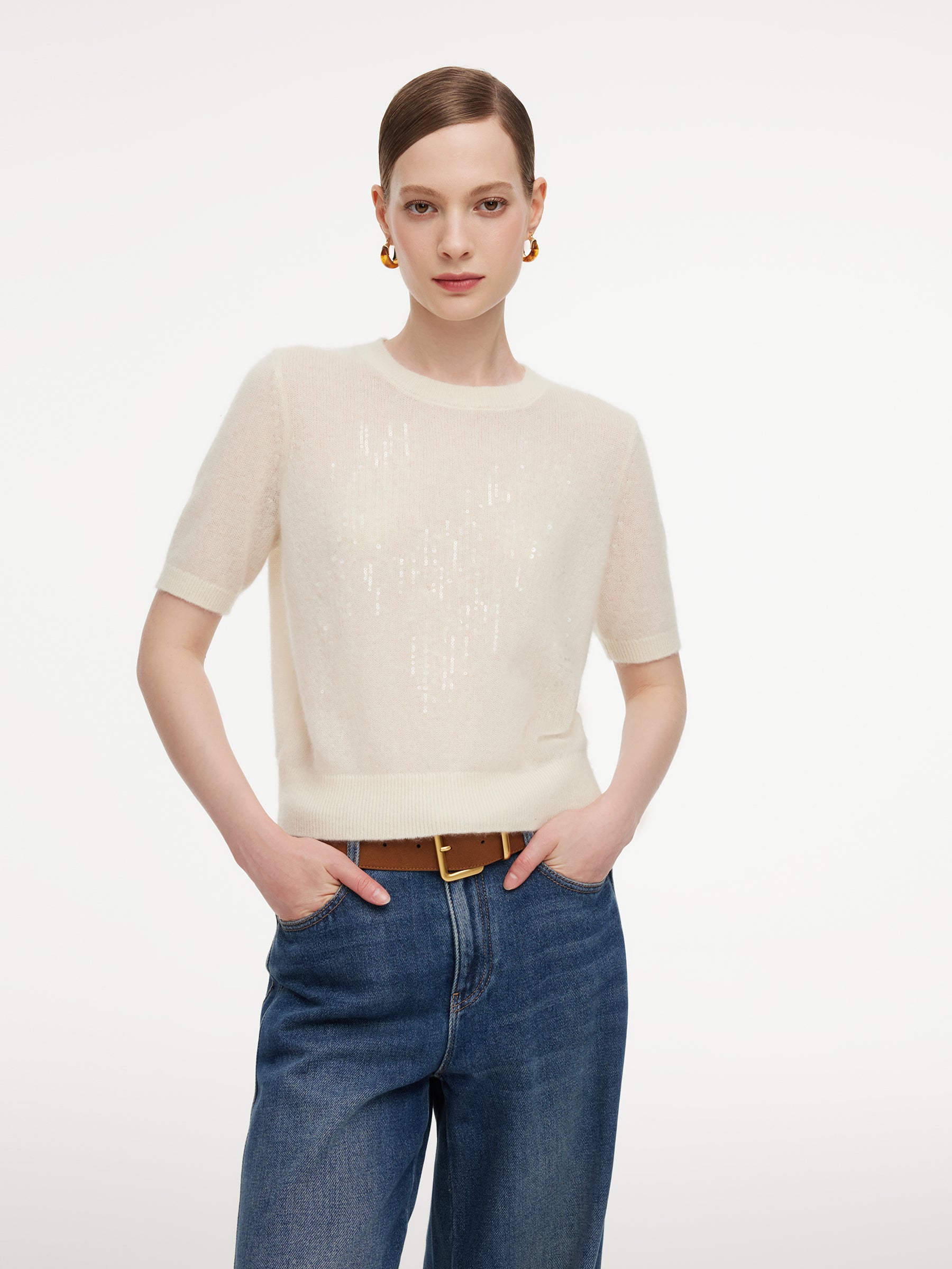 100% Cashmere Sequins Women Knit Top GOELIA