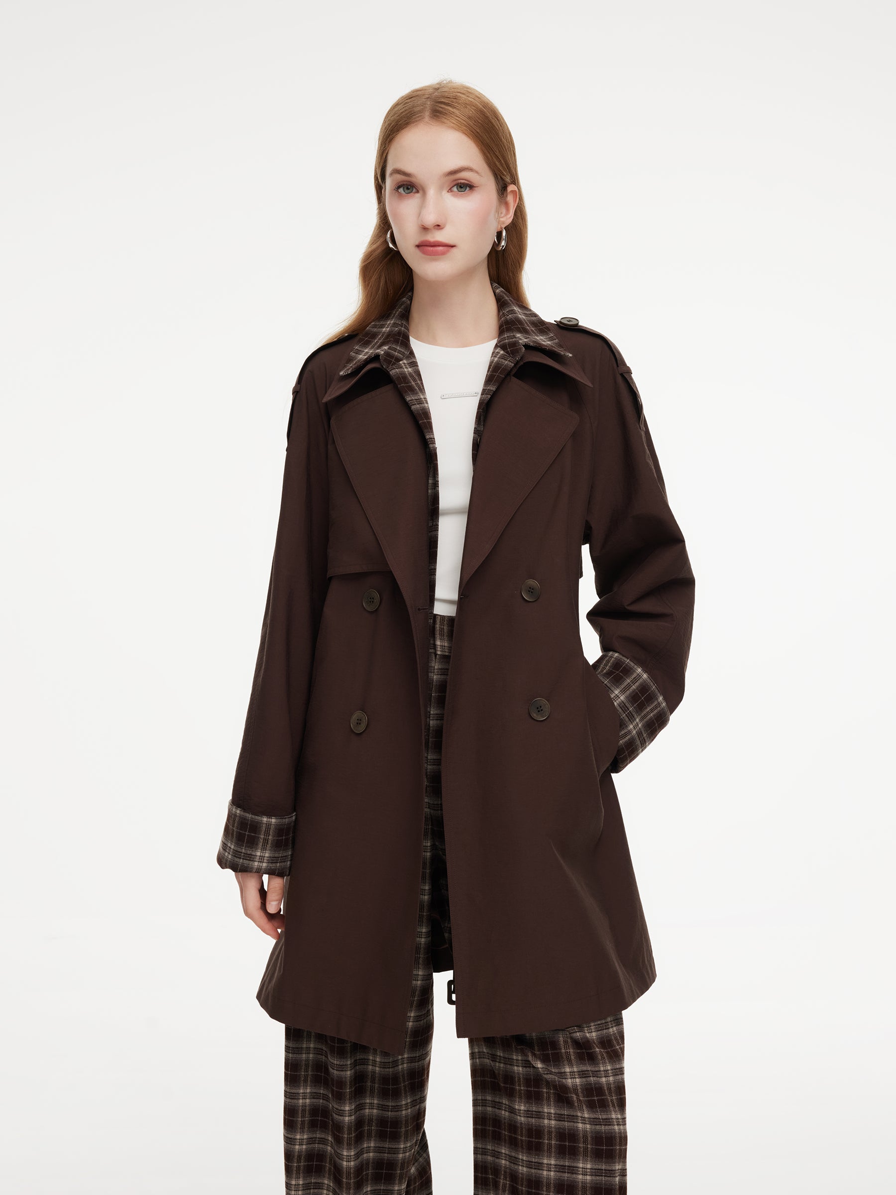 Mock Layered H-Line Women Belted Trench Coat GOELIA