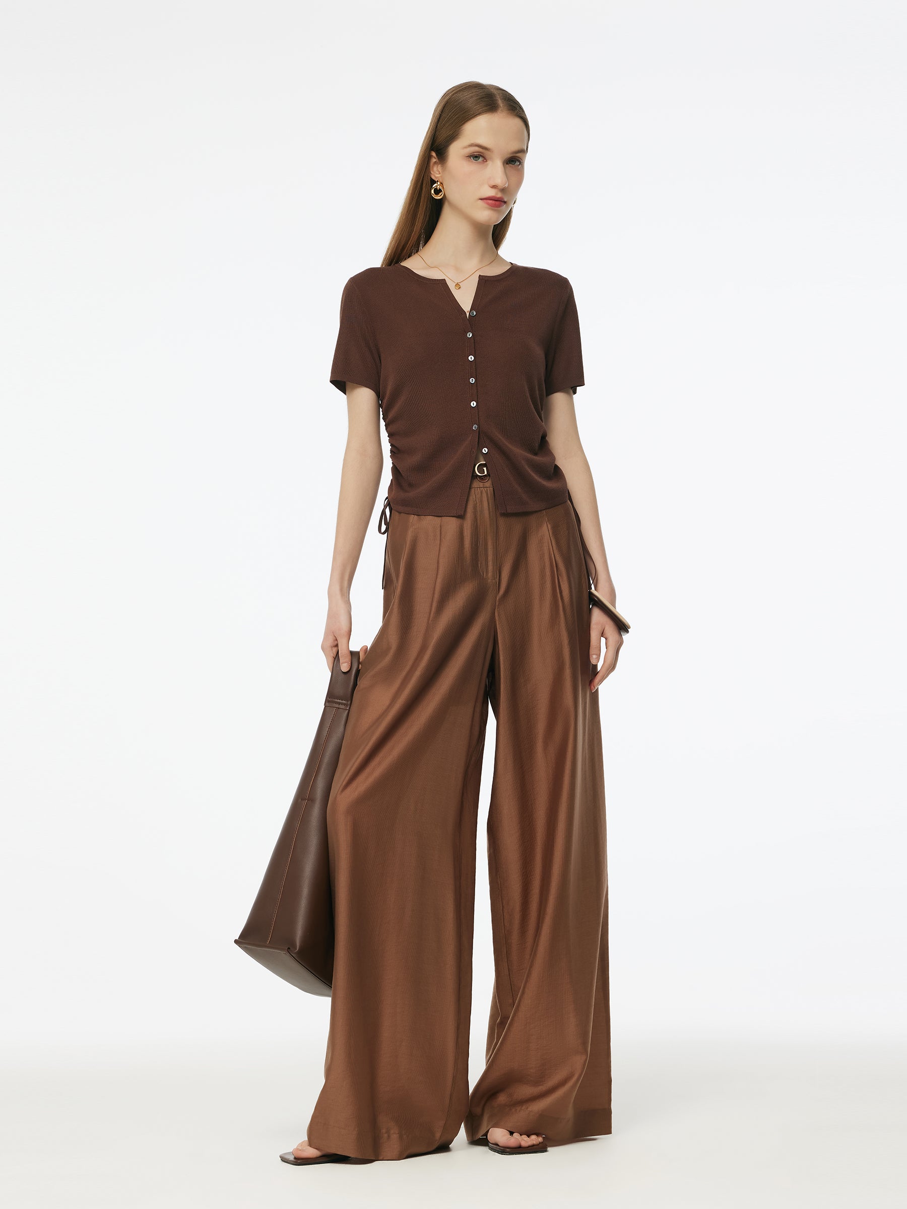 Acetate Tencel Blend Side Drawstring Women Knit Top GOELIA