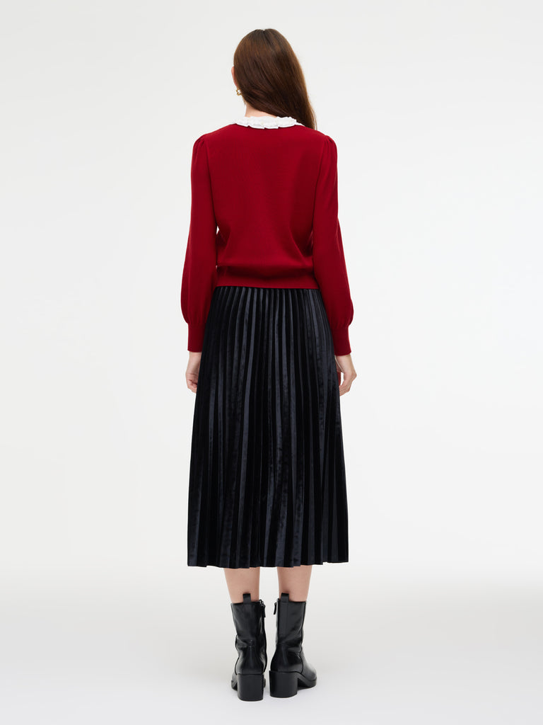 Knit Top And Velvet Pleated Skirt TwoPiece Set With Detachable Ribbon — free download