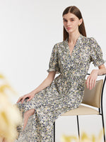 Floral Printed V-Neck Puff Sleeves Women Midi Dress GOELIA