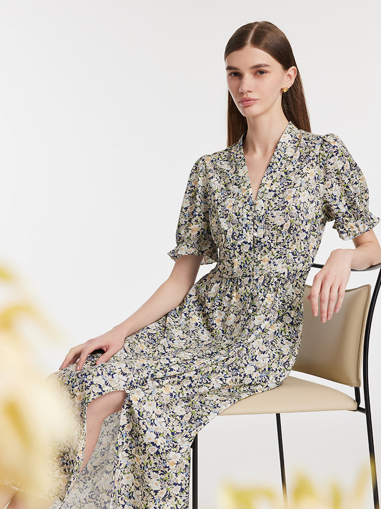 Floral Print V-Neck Puff Sleeves Women Midi Dress – GOELIA