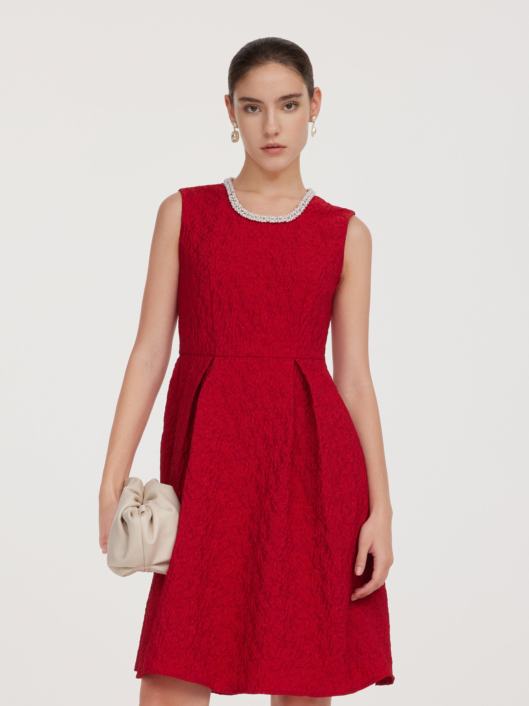 Jacquard Beaded Round Neck Women Sleeveless Mini Dress GOELIA