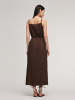 100% Linen Women Strap Maxi Dress With Tie String Belt GOELIA