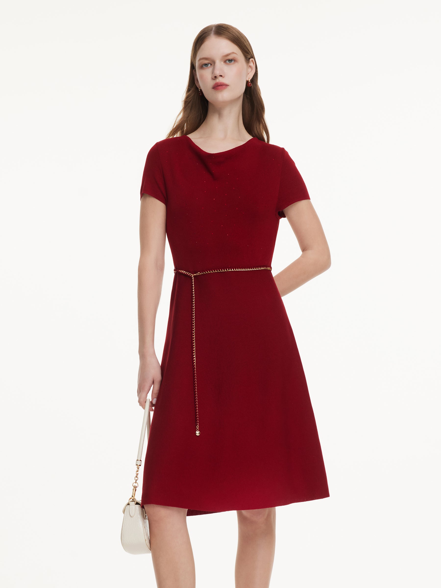 Lyocell Blend Rhinestone Cowl Neck Women Knit Midi Dress With Chain Belt GOELIA