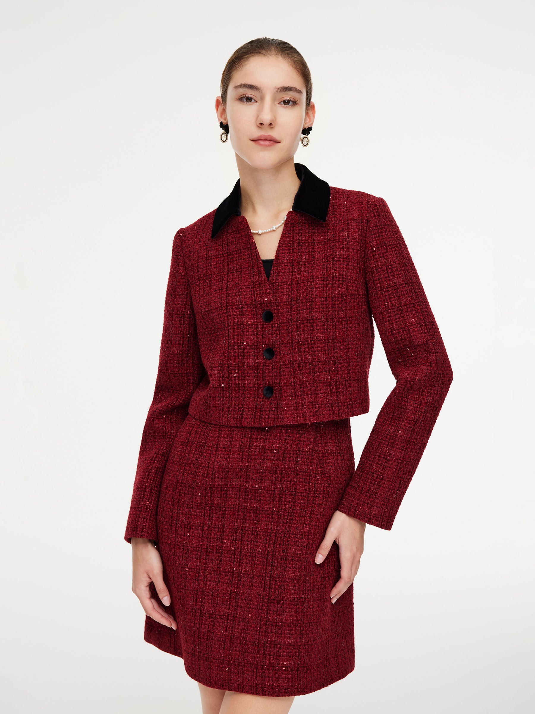Wool Blend Tweed Sequins Jacket And Patchwork Mini Dress Two-Piece Set GOELIA