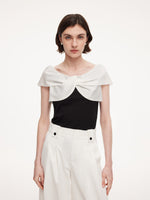 Tencel Blend Patchwork Bow Neck Women Knit Top GOELIA